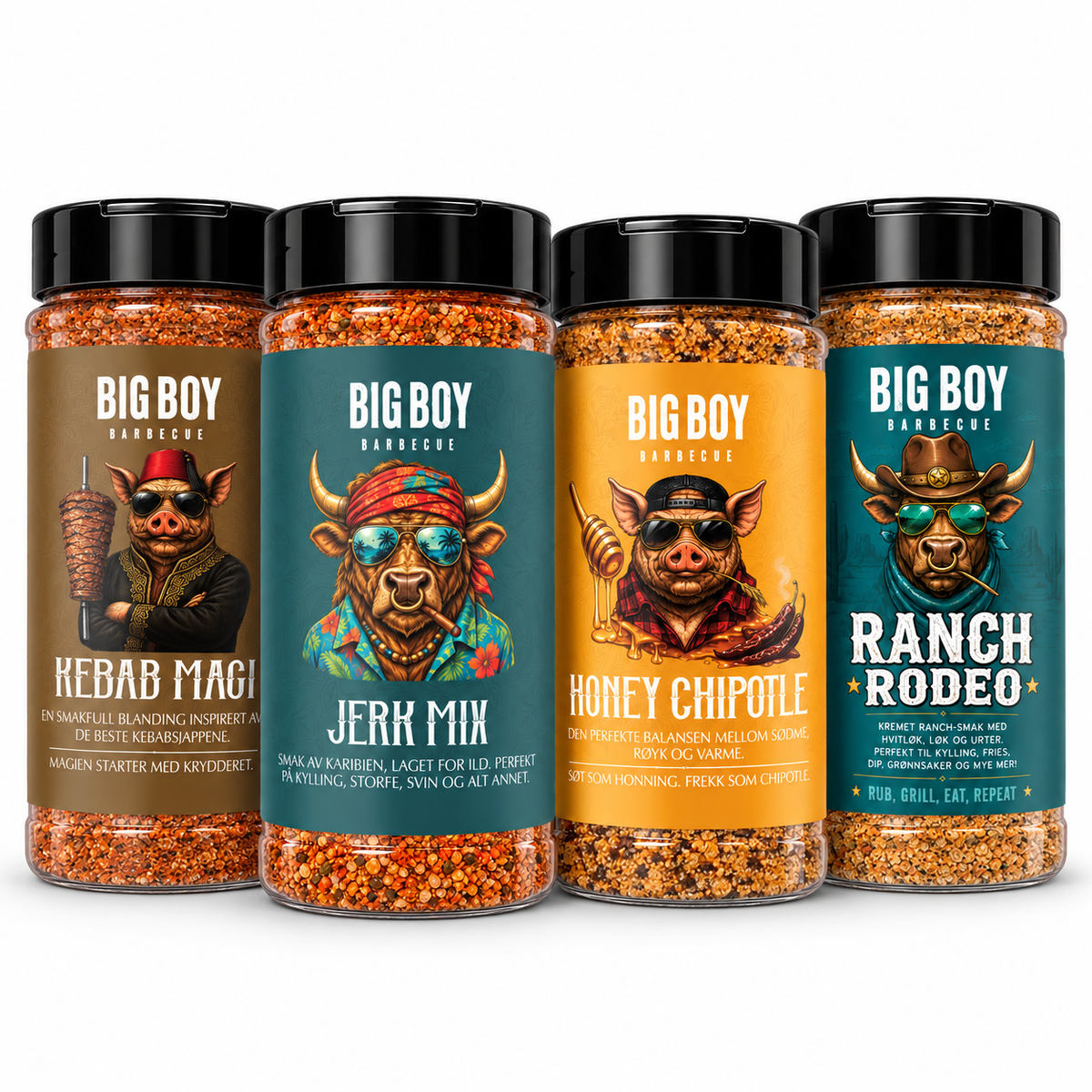 Big Boy BBQ Smaksfireren med Jerk Mix, Honey Chipotle, Kebab Magi og Ranch Rodeo