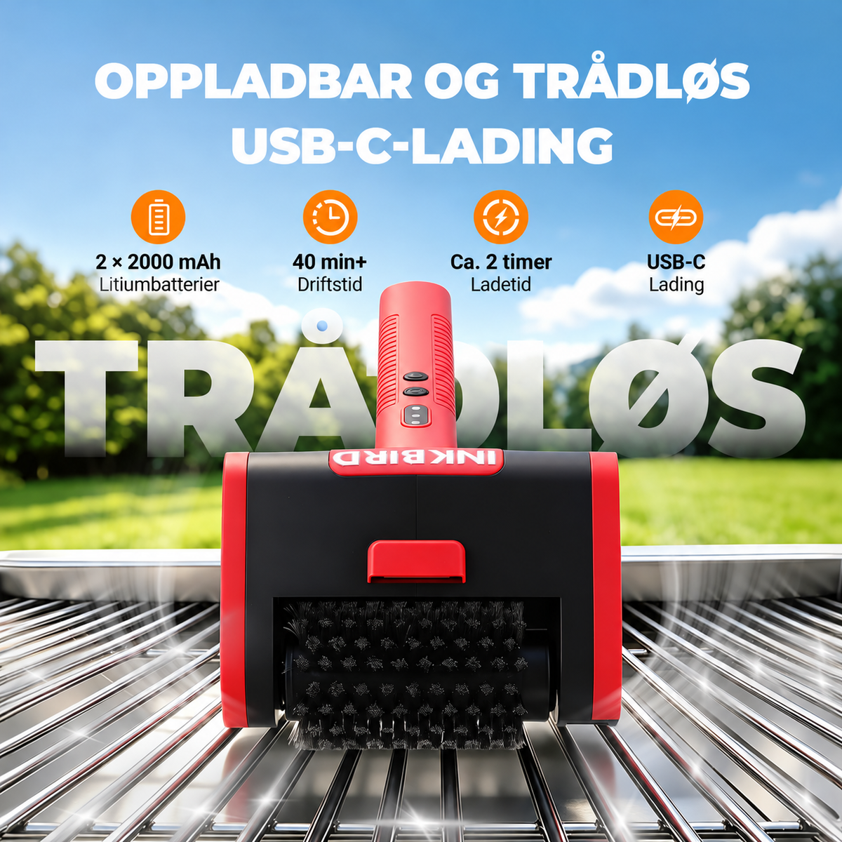INKBIRD Trådløs elektrisk grillbørste med tre hastigheter