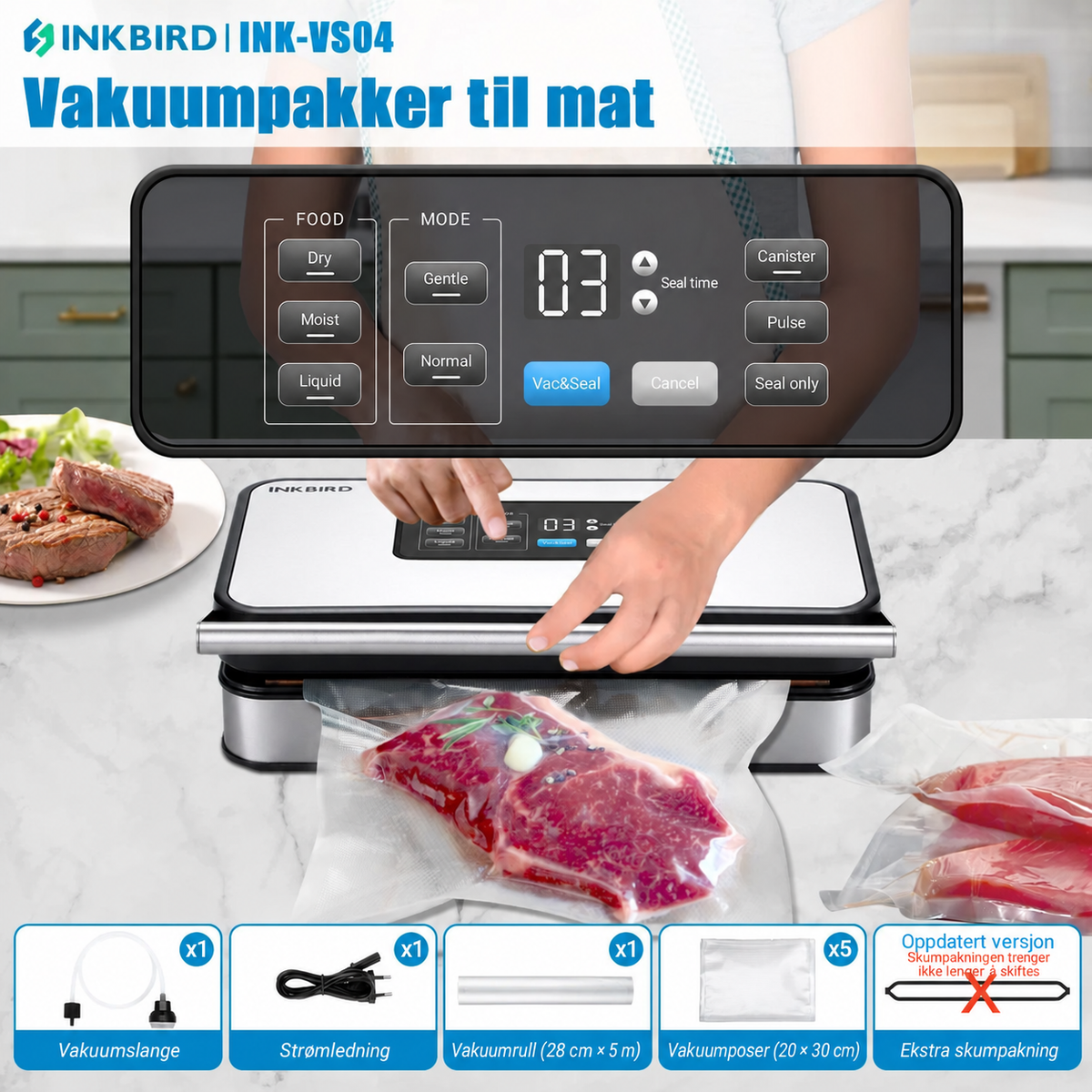 INKBIRD INK-VS04 Vakuumpakker med dobbel pumpe og innebygd posekutter